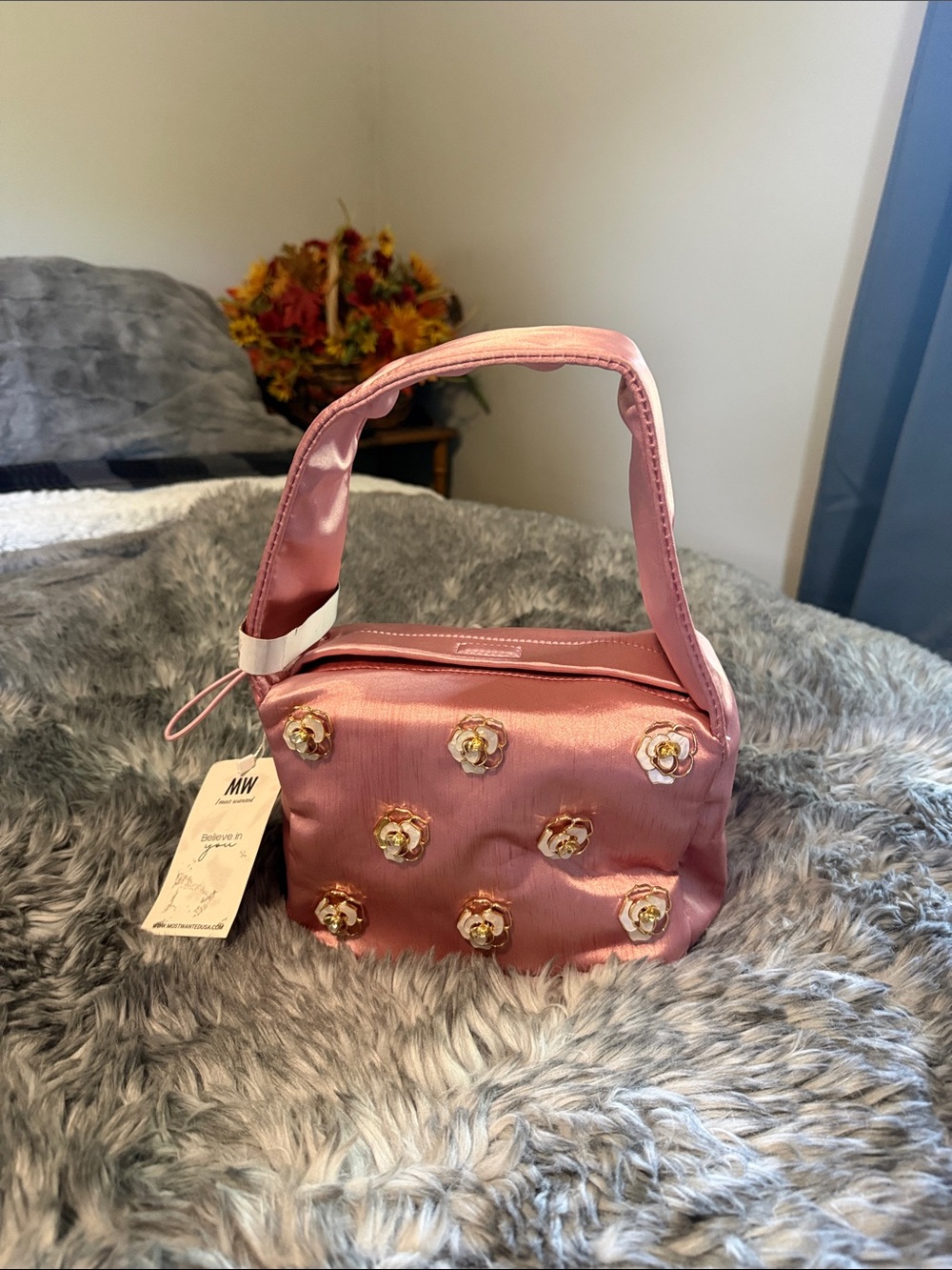 MW Pink Satin Mini Shoulder Bag with Floral Appliqués